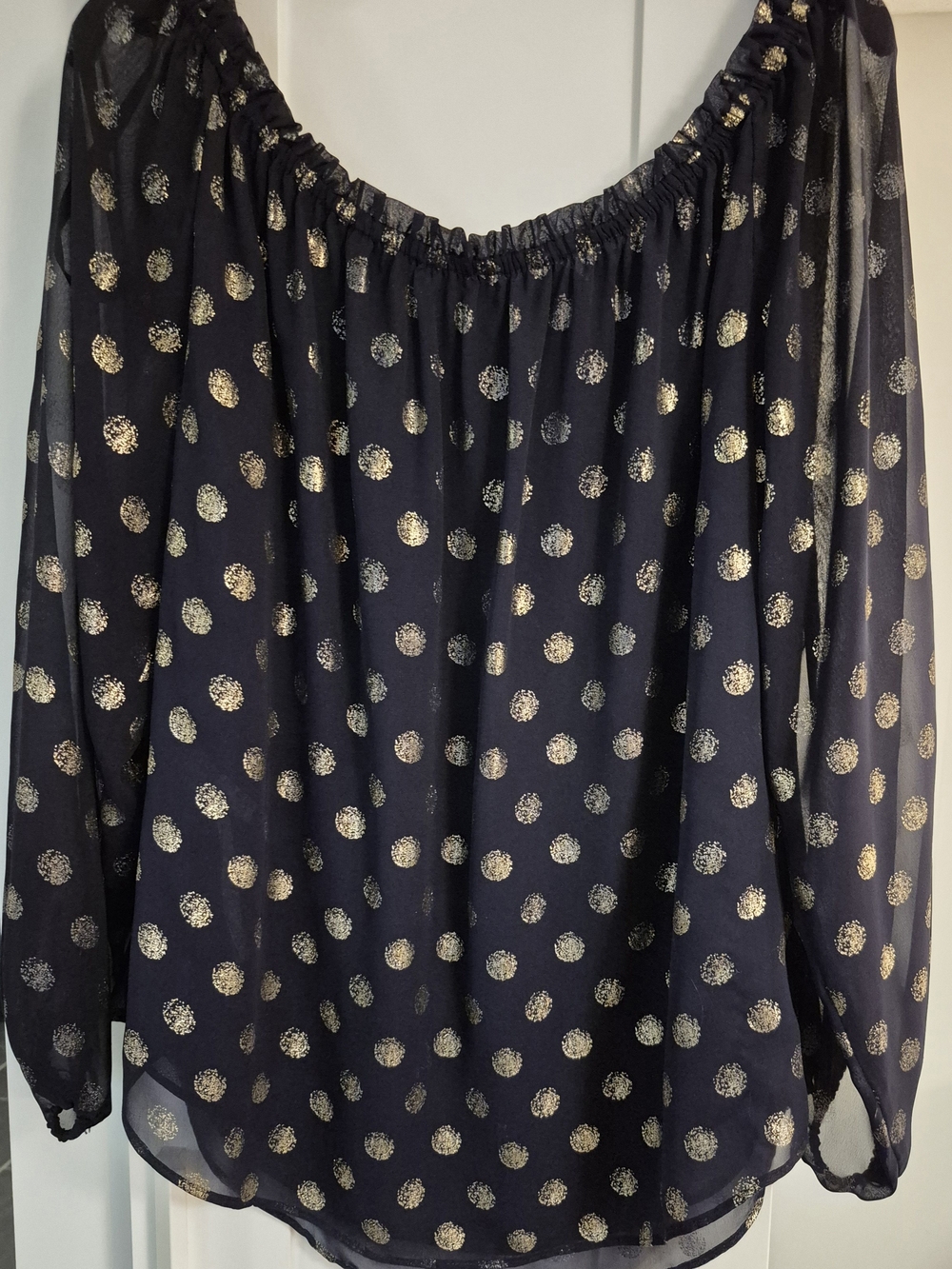 Joseph Ribkoff Navy Blouse with Gold Dot Print